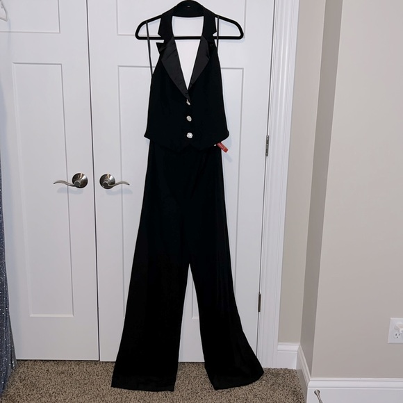 Ieena By Mac Duggal - Black Tuxedo Halter Ultra High Waist Jumpsuit 2643 - Picture 2 of 5
